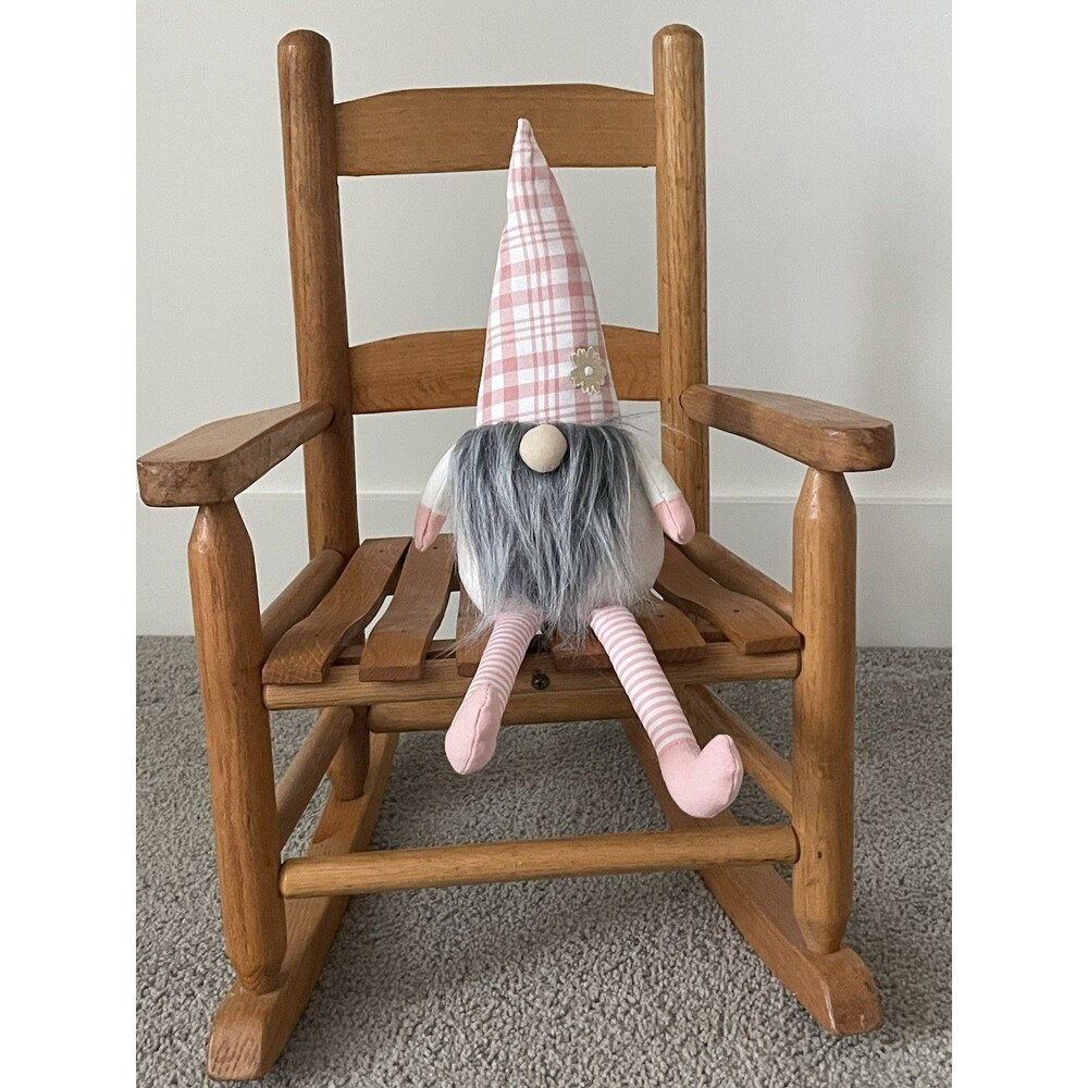Pink Spring Gnome Shelf Sitter Weighted Table Decor Plaid
